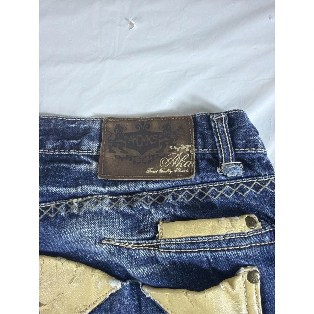 Akademiks Mens Denim Shorts‎ 38 Blue Embroidered Leather Trim Y2K Baggy Hip Hop